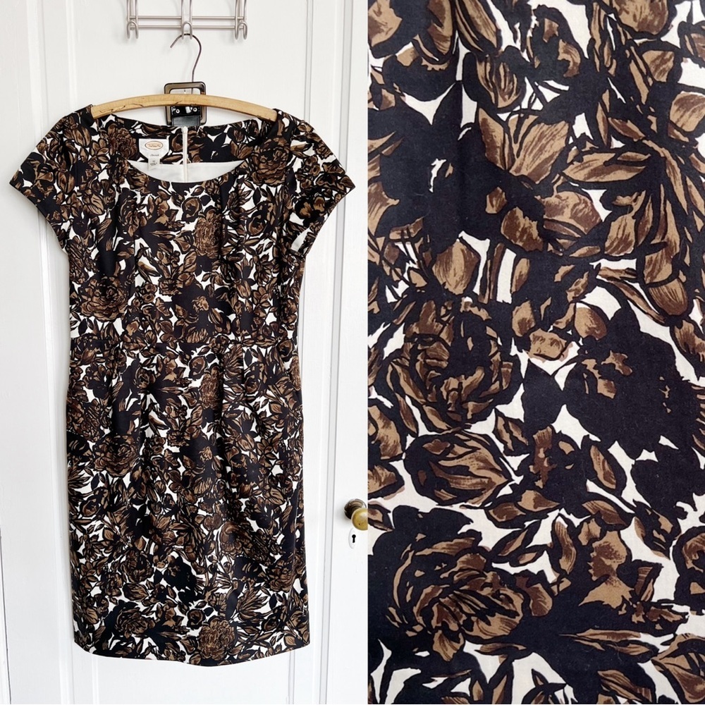 Talbots • brown floral sheath dress cap sleeve belted retro polished cotton rose